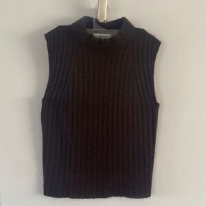 Vince Dark Brown Ribbed Sleeveless Mock Neck Top sweater vest wool cashmere